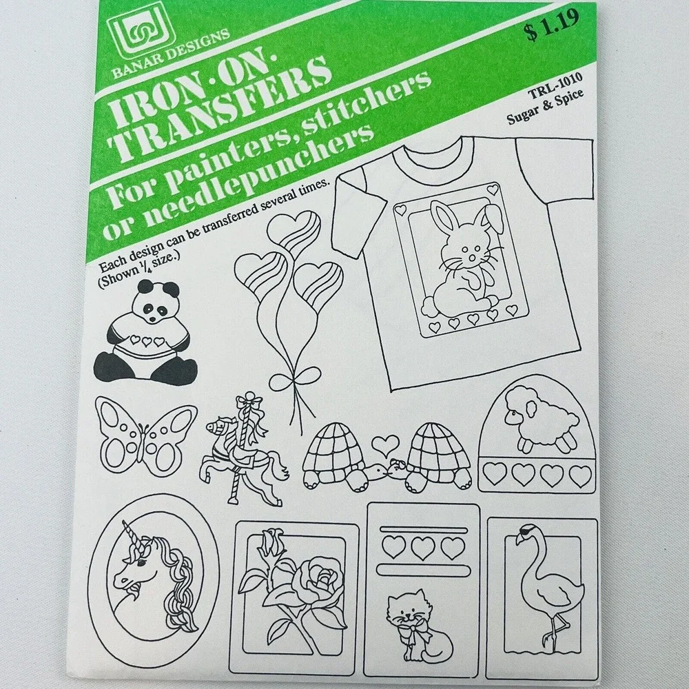 Vtg Banar Designs Sugar & Spice Iron Transfers 1990 Unicorn Panda‎ Kitty Turtles